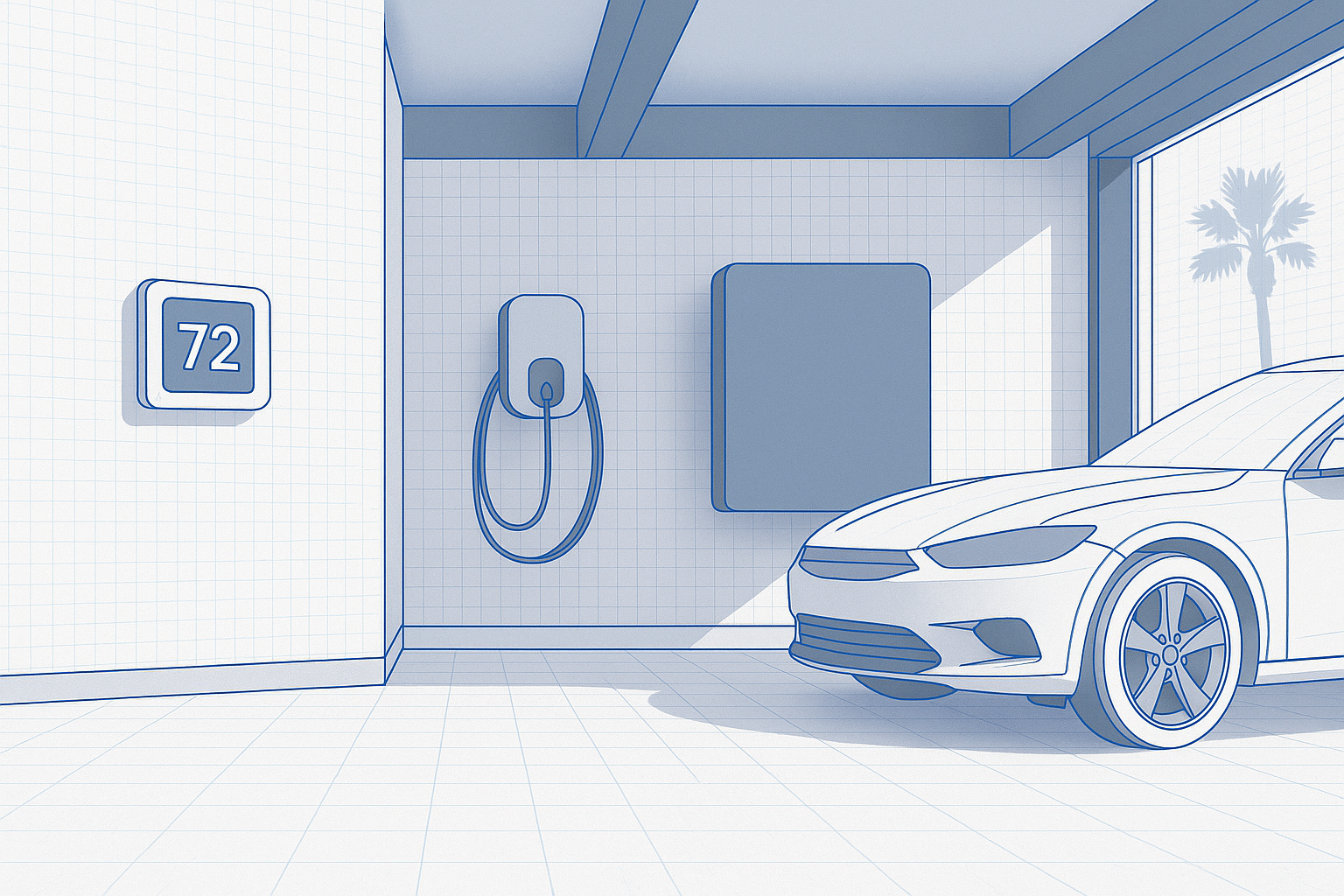 Illustration of an electric vehicle parked inside a garage with an EV charging station.