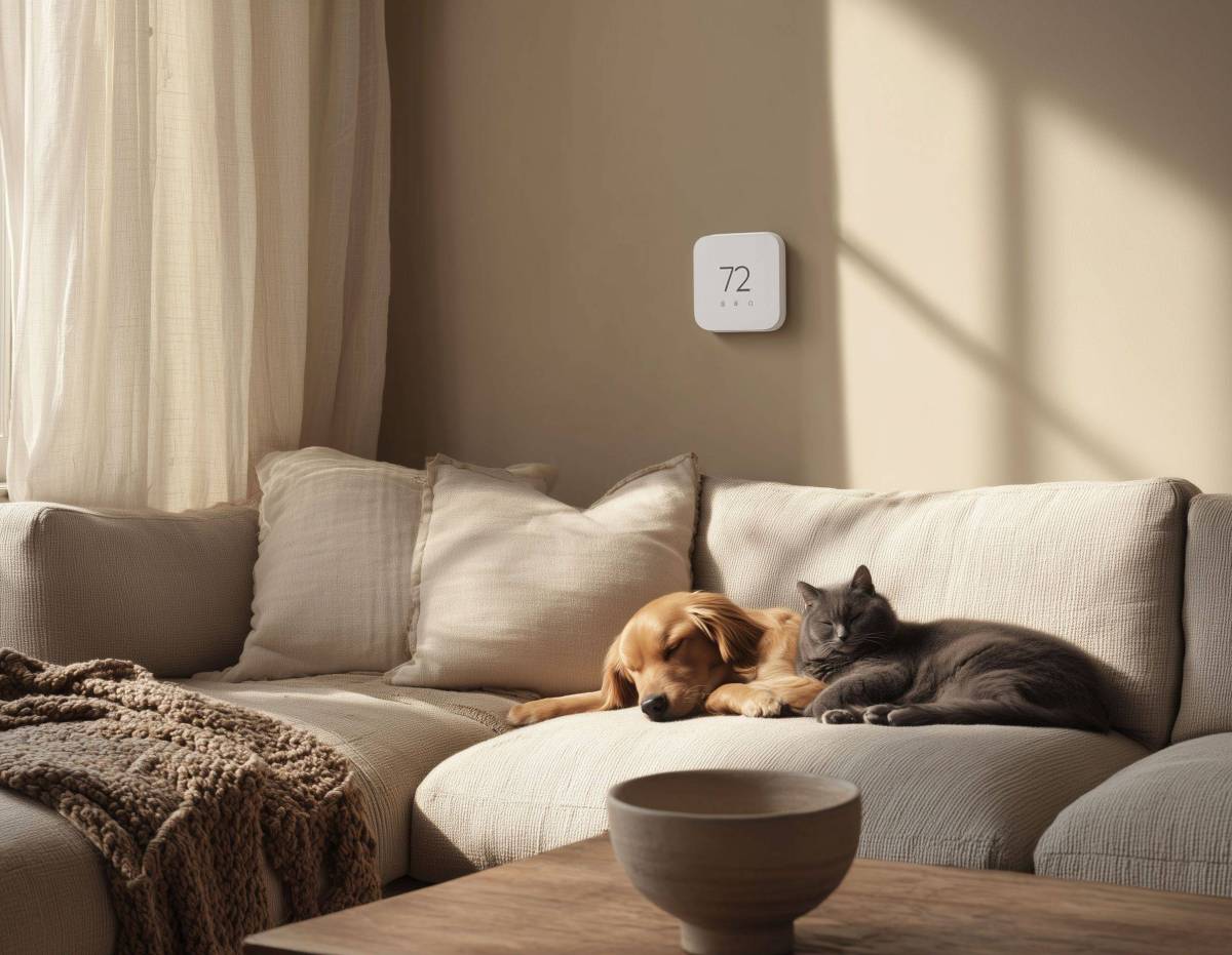 A dog and cat lie close to each other on a brown sofa with a wall-mounted smart thermostat above them.