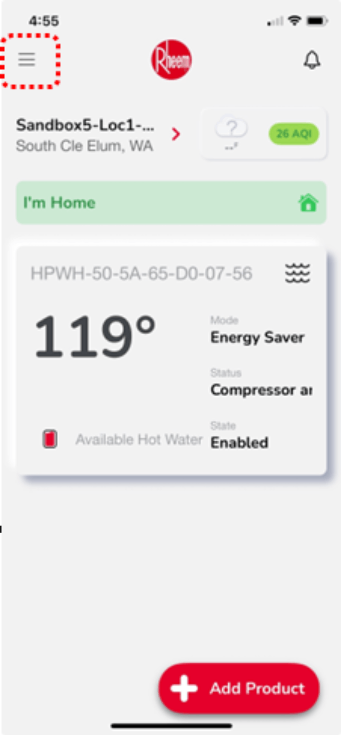 Rheem enrollment step 1 screenshot.